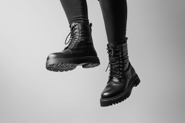 Black Leather Boots with Laces and Thick Sole