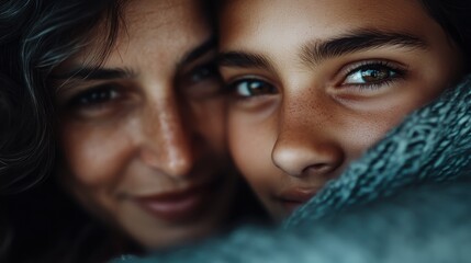 A close-up of a woman and child embracing, with the woman in soft focus and the child's face detailed, highlighting the emotional bond and tenderness between them.