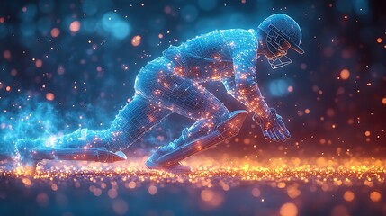 Digital blue low poly cricket player with glowing data streams AI in sports analytics, player performance tracking systems, match prediction algorithms, and training programs. wireframe player design