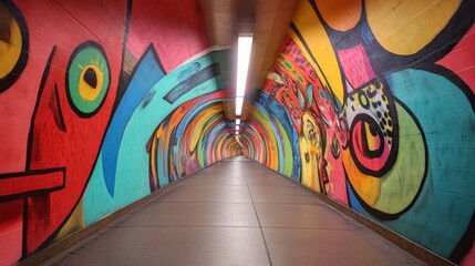 A close-up of a pedestrian tunnel with colorful murals or artwork on the walls, capturing the vibrant and creative design elements of the tunnel interior.