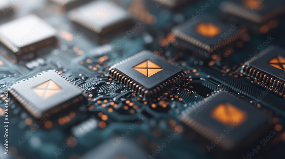 Poster a detailed photograph showcasing multiple microchips fixed on a circuit board, highlighted with glow