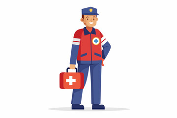 Paramedic man in uniform and with full length first aid bag on isolated white background. Emergency medical service worker
