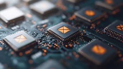 A detailed photograph showcasing multiple microchips fixed on a circuit board, highlighted with glowing orange design elements, symbolizing advanced technology and connectivity.
