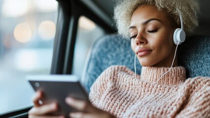 A relaxed woman with curly hair enjoys using a tablet on public transport with her headphones on, showing leisure, digital connectivity, and a calm commuting experience.