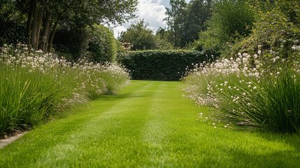 Obraz premium Scottish Garden Serenity: Mown Grass with Tall Grasses and White Bulbs