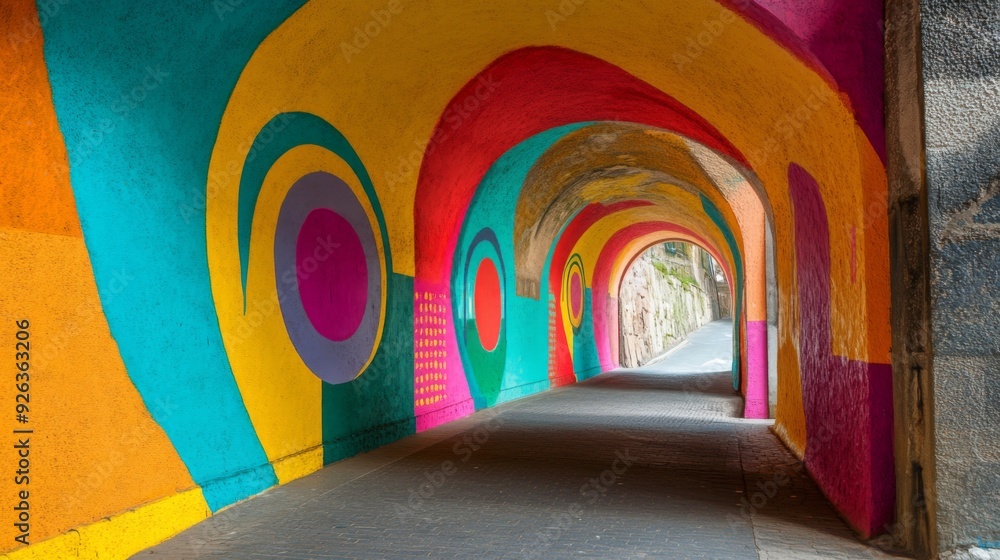 Poster a close-up of a pedestrian tunnel with colorful murals or artwork on the walls, capturing the vibran
