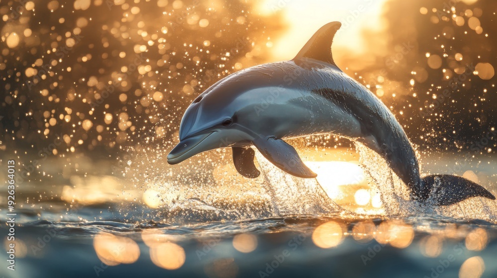 Poster a close-up of a playful dolphin leaping out of the water with droplets shimmering in the sunlight, s