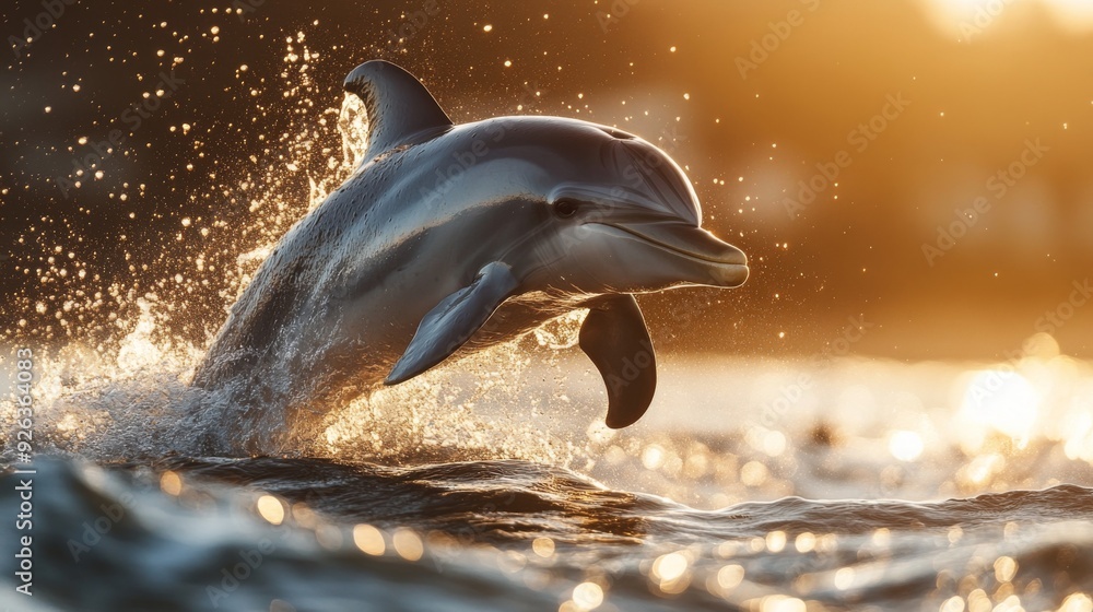 Poster a close-up of a playful dolphin leaping out of the water with droplets shimmering in the sunlight, s