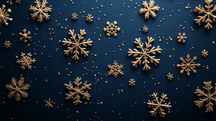 Golden snowflakes spread beautifully across a dark blue surface, creating a stunning festive display filled with holiday spirit