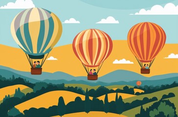 Obraz premium Vector illustration of three hot air balloons floating over rolling hills, with people sitting inside each balloon enjoying the view.