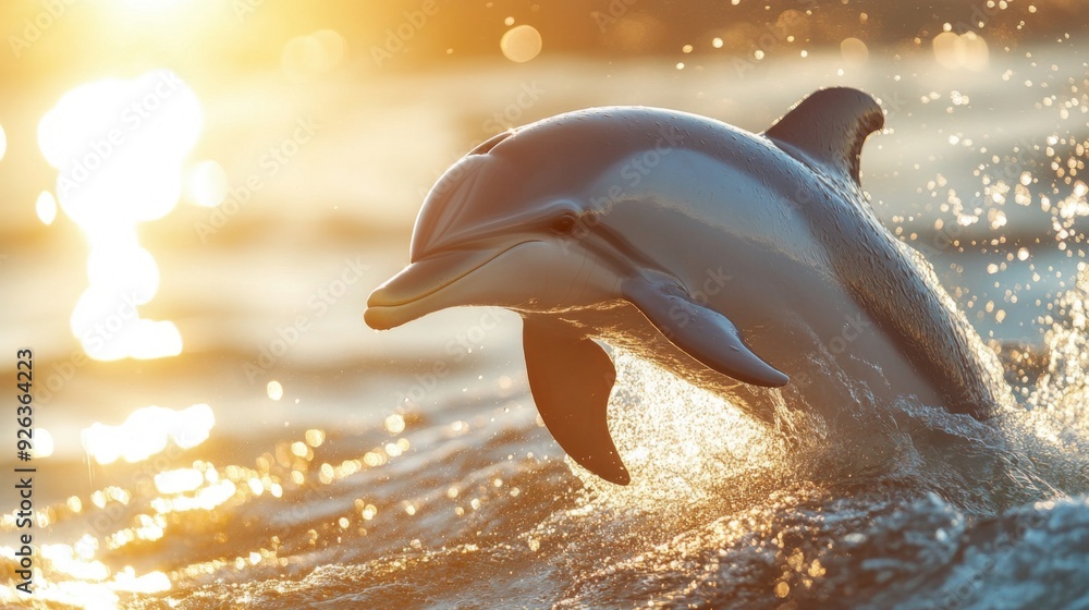 Poster a close-up of a playful dolphin leaping out of the water with droplets shimmering in the sunlight, s