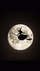 Silhouette of a witch flying on a broom across a full moon, dark night sky, Halloween theme