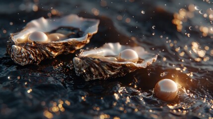 Akoya Pearls in Oysters Amidst Sparkling Water