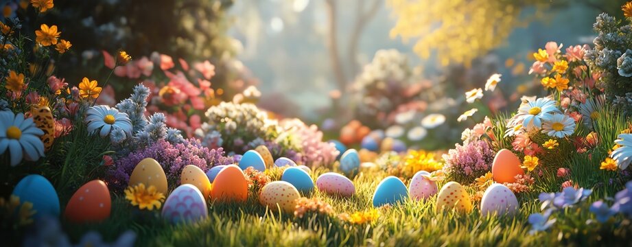 A 3D rendering of an Easter egg hunt scene with colorful eggs hidden in a garden, children searching, and flowers blooming, ideal for Easter celebrations high detailed