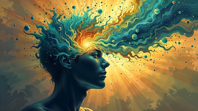 Human head exploding with vibrant colors of creativity and knowledge
