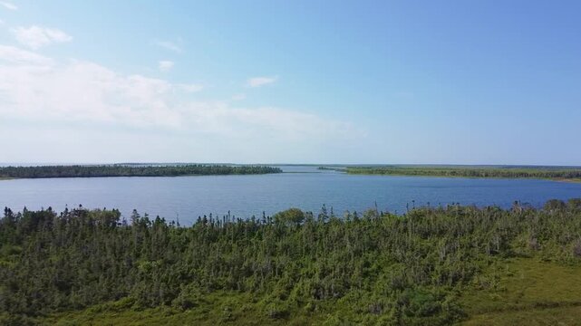 Drone en rotation sur les berges de La queue de Mal Baie (Mal Bay) & du Golfe St-Laurent, Ile Miscou, Nouveau-Brunswick. Vue a&eacute;rienne de la tourbi&egrave;re & la bordure de conif&egrave;res bordant les eaux bleues.