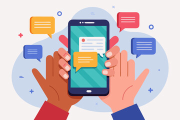 Hands that hold the smartphone. Online chat. Messenger. Communication in the network. sms message
