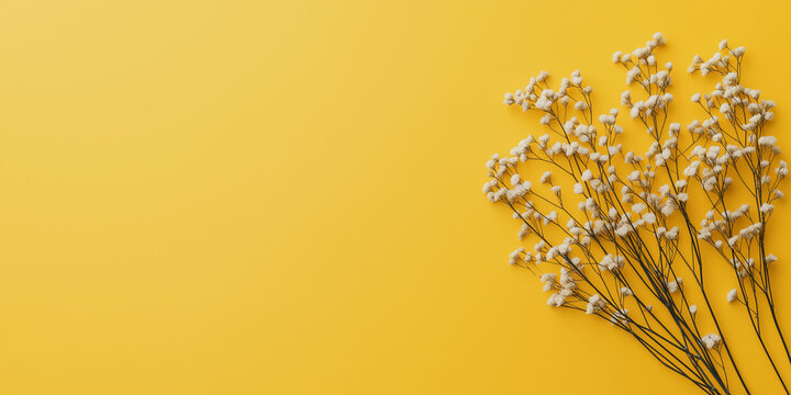 golden yellow paper background texture, bright yellow wallpaper, for design element, website banner background, with fresh flowers. AI generation.