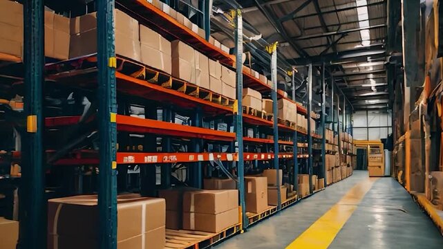 Warehouse Interior with Rows of Shelving Filled with Cardboard Boxes