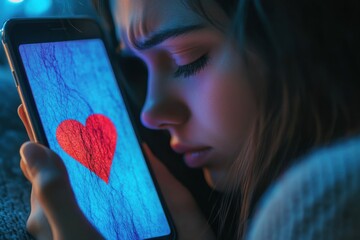 A broken heart symbol on a phone screen, with text bubbles of harmful words and a young person looking devastated in the background