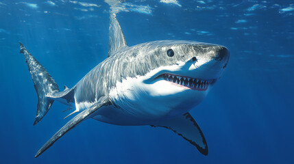 Fototapeta premium A realistic image of a great white shark, created with 3D software. --ar 16:9 --v 6.1 Job ID: 2e8d425b-4464-46d0-9cb0-aca3e10f00a5