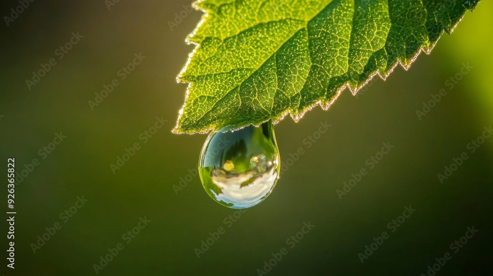 Aufkleber a close-up of a single water droplet hanging delicately from the edge of a green leaf, with reflecti
