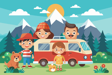 Happy family road trip. Mom, Dad, children and a dog traveling on a tourist minivan
