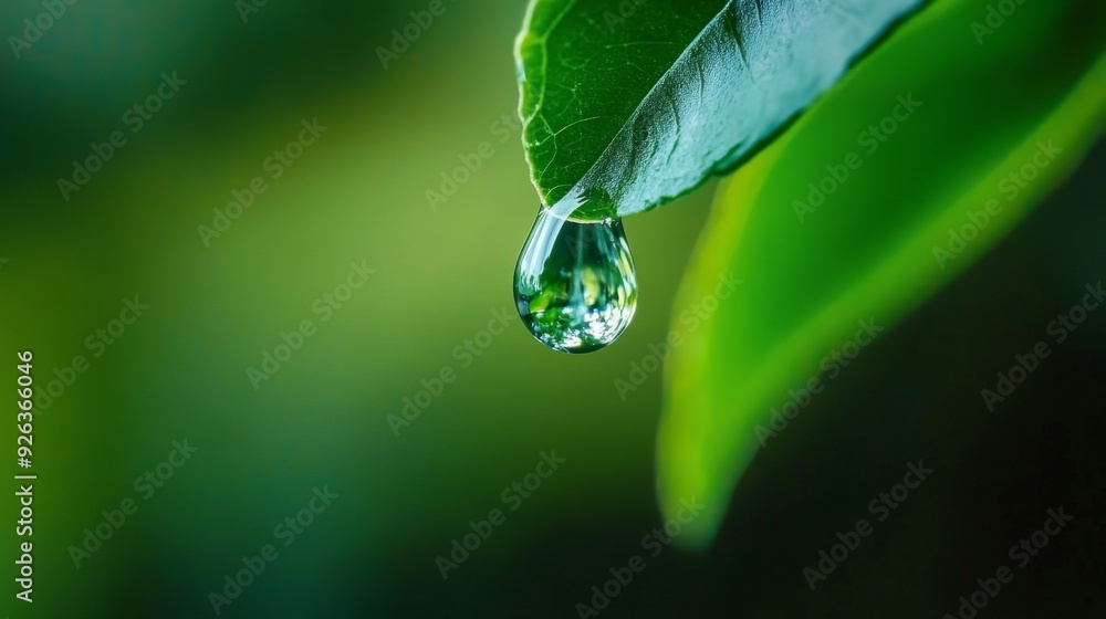Aufkleber a close-up of a single water droplet hanging delicately from the edge of a green leaf, with reflecti