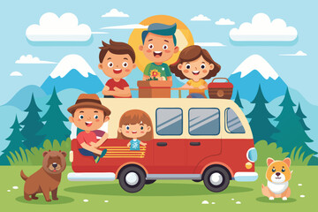 Happy family road trip. Mom, Dad, children and a dog traveling on a tourist minivan
