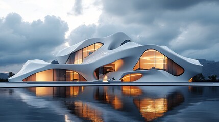 Futuristic Villa with Jagged Edges and Reflective Surfaces - Low-Angle View with Copy Space