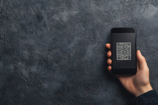 Hand Holding Smartphone with QR Code Displayed on Screen