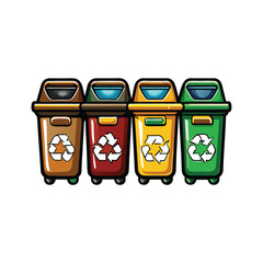 Vector design of a waste sorting station with four colored bins, each with a recycling symbol, brown, red, yellow, and green.