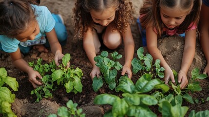 Children working together to plant a garden, designing layouts and selecting plants, collaborative creativity in nature. Copy space for text, No logo, No Trademark, No text