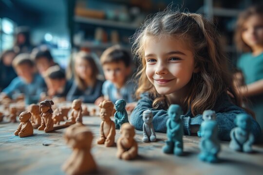 Wide angle view of kids creating a stop-motion animation using clay figures, teamwork and creativity in filmmaking. Copy space for text, No logo, No Trademark, No text
