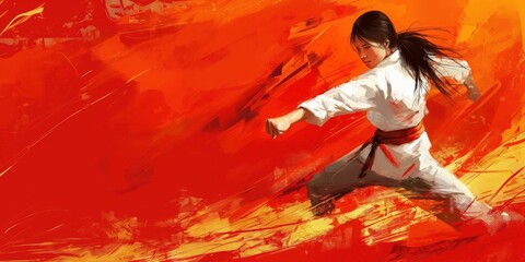 Dynamic Female Karate Artist in Action created by ai