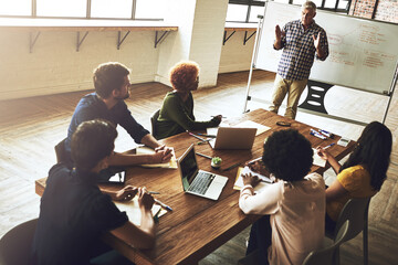 Man, whiteboard and presentation for business plan at meeting for team, talk and mindmap with...