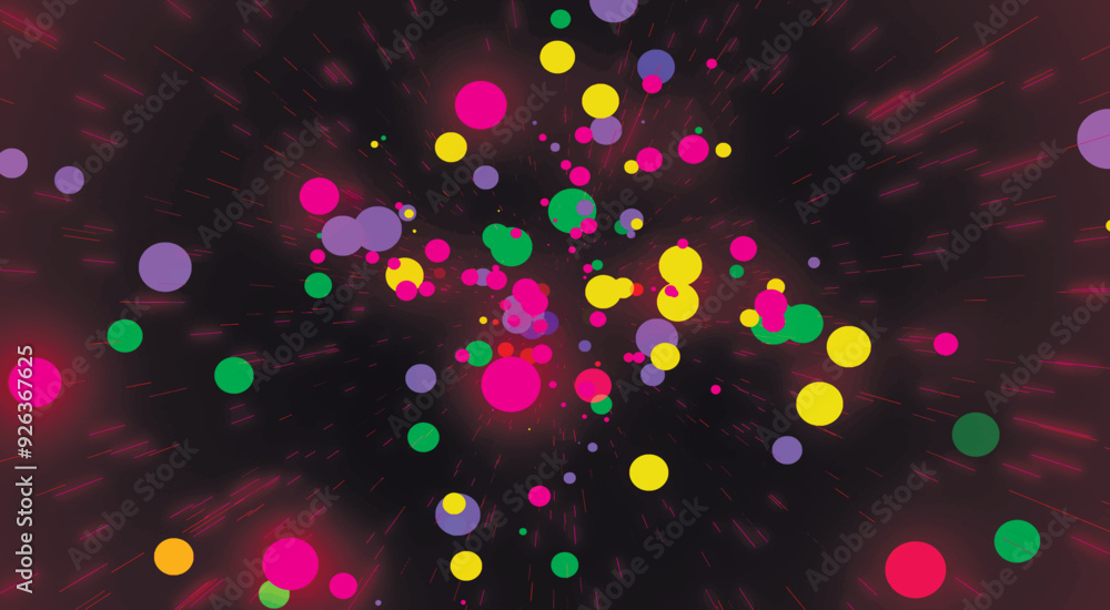 Poster beautiful festive background with glowing multicolored balls and bright lines on dark red background
