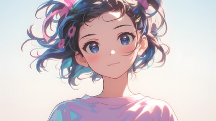 Naklejka premium Anime Girl with Blue Eyes and Pink Hair Bows.