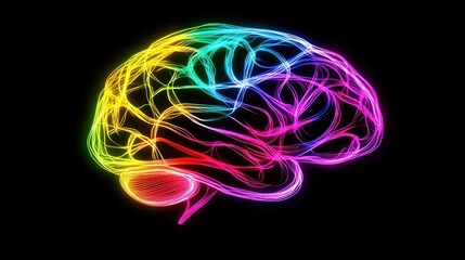 Abstract Brain Made of Multicolored Threads on Black Background