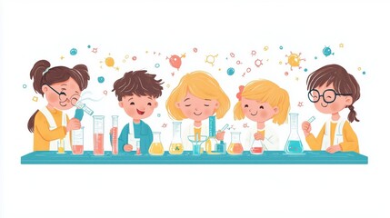 Kids working on a science experiment, collaborative learning, detailed illustration, pastel colors, isolated on white background. Copy space for text, No logo, No Trademark, No text