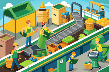 Garbage recycling conveyor. Waste recycling plant workers sorting trash. Waste separation process. People working in ecological production
