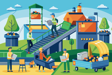 Garbage recycling conveyor. Waste recycling plant workers sorting trash. Waste separation process. People working in ecological production
