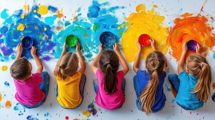 Children creating an art installation together, imaginative and collaborative, abstract style, bold colors, isolated on white background. Copy space for text, No logo, No Trademark, No text
