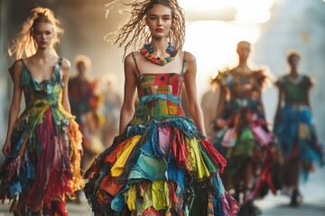 Naklejka premium Creative depiction of a fashion runway with models in recycled and upcycled garments, eco-conscious fashion show. Copy space for text, No logo, No Trademark, No text