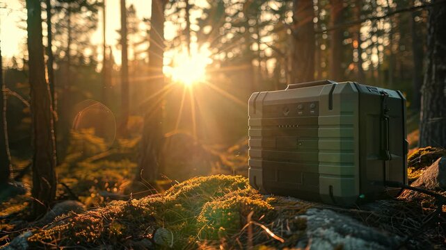 Portable power station resting on mossy forest floor at sunset