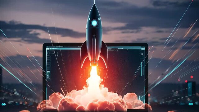 Rocket flying above from computer screen Growth Productivity business boost sales sky fire