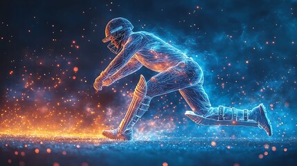Digital blue low poly cricket player with glowing data streams AI in sports analytics, player performance tracking systems, match prediction algorithms, and training programs. wireframe player design