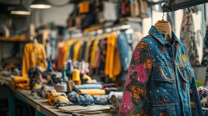 Detailed image of a fashion workshop where recycled materials are transformed into new garments, waste-to-fashion concept. Copy space for text, No logo, No Trademark, No text