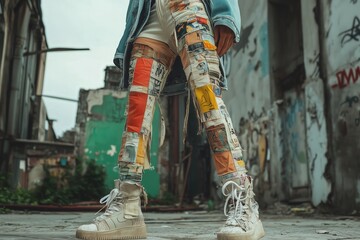 Streetwear outfit composed of upcycled materials, promoting sustainable urban fashion, zero-waste style. Copy space for text, No logo, No Trademark, No text
