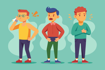 Set of character men with pain in different parts of the body. Backache, abdominal pain, headache, migraine
